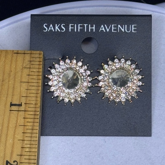Saks Fifth Ave Gold Tone Star Burst Crystal Post Earrings .75in - Picture 4 of 7